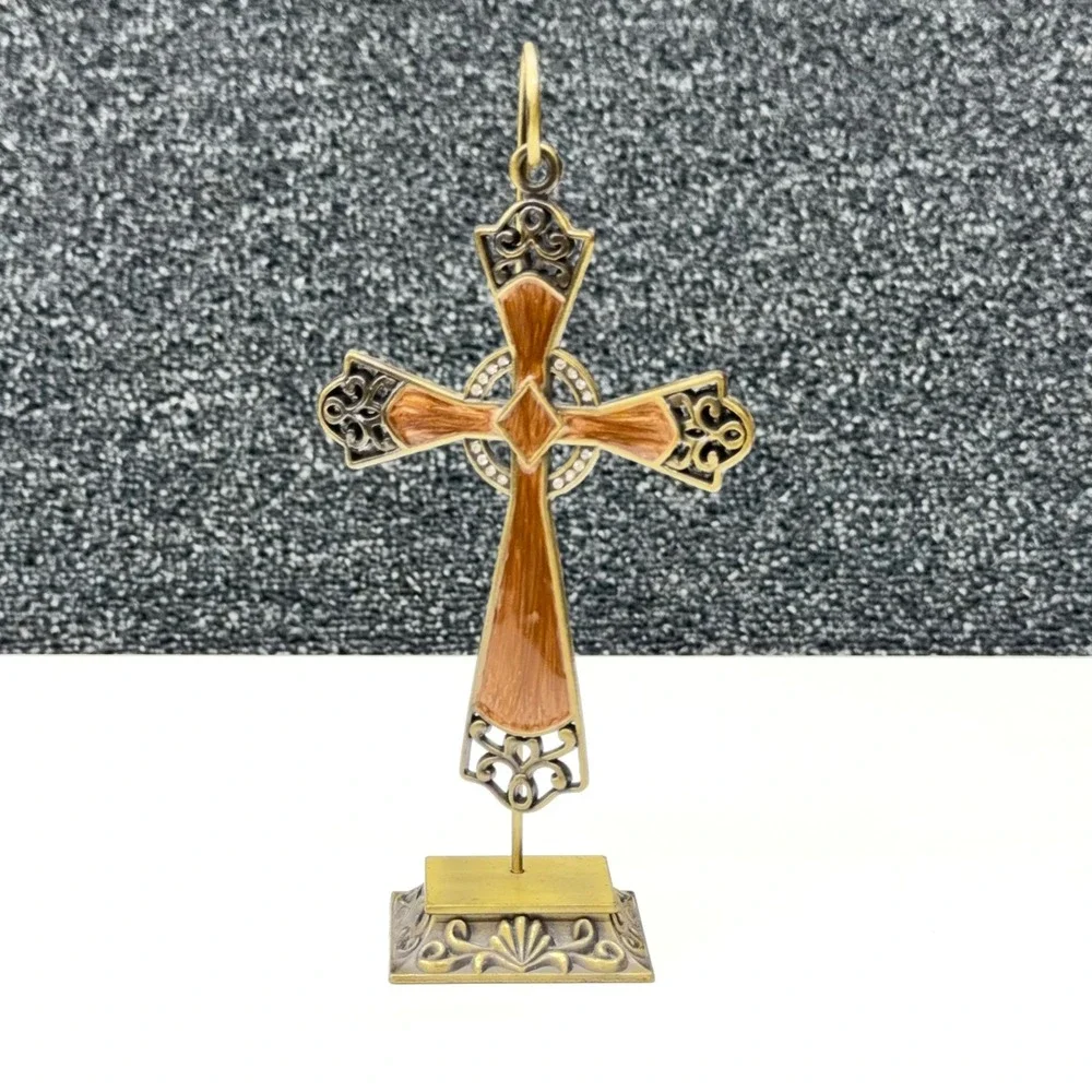 Celtic Cross Ornament with Stand Antique‎ Brass Brown Enamel Rhinestone 5 Inch